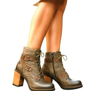 Pierre Dumas 7 Brown  Women's Combat Ankle Boots 3 Inch High Heel Shoe Zipper